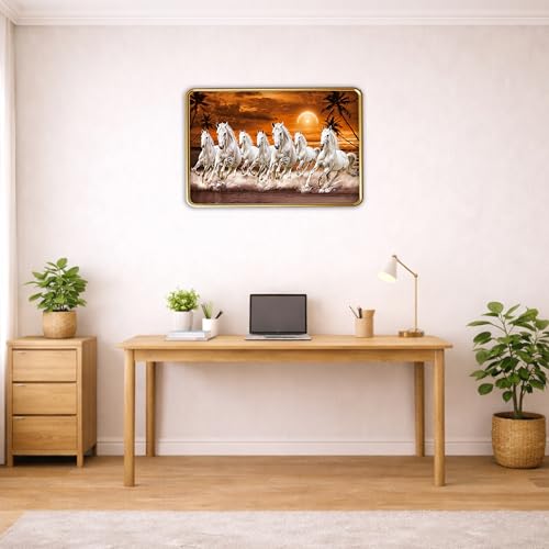 Image of XOPY Seven Running Horses with Golden Frame | Vastu 7 horses Raw Pyrite Painting for Home, Office & Living Room Wall Decore | 12X18 Inch Sparkle Laminated Frame | Best For Gifting (53320, 12X18)