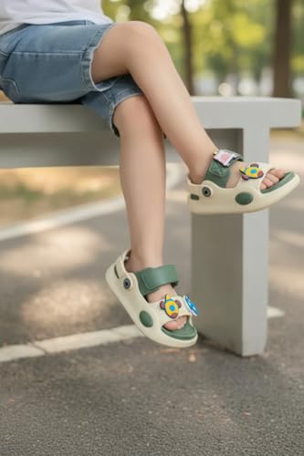 Image of Kids Cartoon Character Sandals,CLOGS White and Green, Chunky Sole, Open Toe, Fun Charm Embellishments
