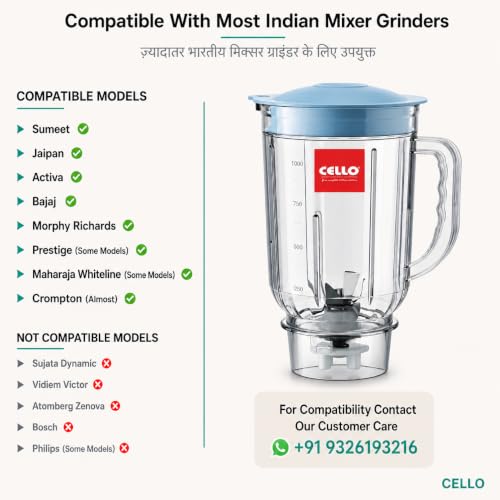 Image of CELLO Mixer Grinder Juicer Jar 1 Litre Transparent Polycarbonate Jar | Unbreakable, Durable & Lightweight | Universal Fit Mixer Grinder Replacement Jar for Blending & Juicing