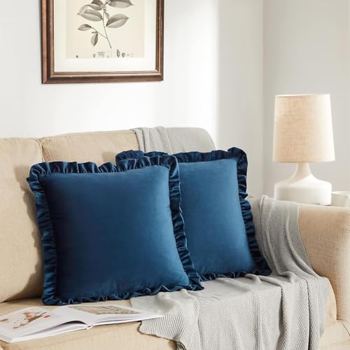 Image of Velvet Blue 12x20 Pillow Covers, Set of 2 Decorative Ruffle Cushoin Pillow Covers for Sofa Couch
