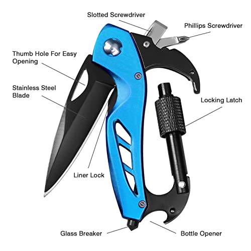 EDC Multitool Carabiner with Knife, Bottle Opener, Window Breaker and Screwdriver, Survival Knives Tools for Men Outdoor Camping (Blue) - Image 6