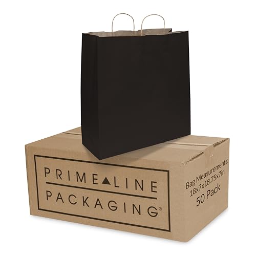 Prime Line Packaging Extra Large Shopping Bags, Black, 18x7x18.75, 50 Pack