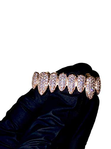 14k Rose Gold Joker Pink Grillz for Mouth Top Bottom Hip Hop Teeth Grills for Teeth Mouth Grillz for Mouth Top Bottom Hip Hop 8 Teeth Prong Set Cz Diamonds Grills for Tooth (Bottom Only)