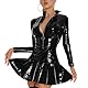 TUYMNI Damen Wetlook Minikleid PU Leder Bodycon Kleid Eng Lederkleid V Ausschnitt Tights Bodycon LederKleid Einteilige Glossy Hautenge Ledersuit Bühnenkostüm Erotik Sexy Clubwear(lange Ärmel)…
