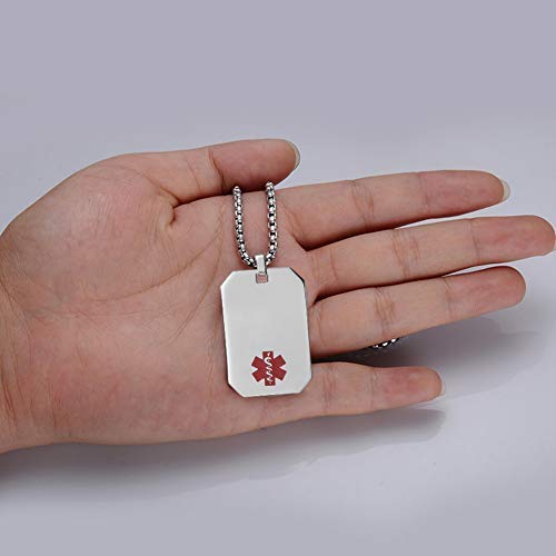 BAIYI HOPE Medical Alert ID Necklace for Men and Women Free Engraving Stainless Steel Dog Tag Red Medical Identification Symbol Pendant & Rolo Chain 28”