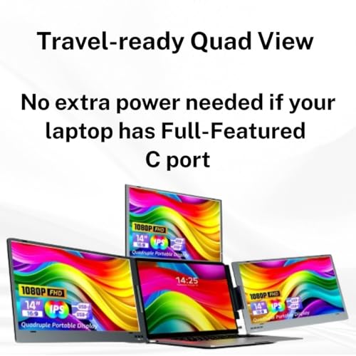 Image of 14.0 inch Quad Screen Portable Foldable Monitor with Single Wire | Quad Monitor Compatible with Windows 10,11 & MAC OS (M1,M2,M3 & M4) | Laptop Screen Extender (14.0, Inches)