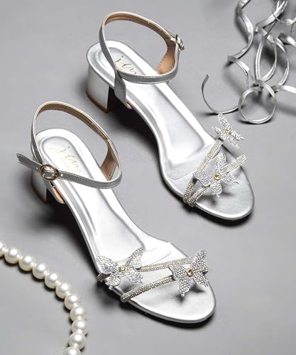Image of JM LOOKS Butterfly Heels Heeled Sandals Rhinestone Crystal Butterflies Heels Open Round Toe low Block Heels 2 Inch Women's Ankle Strap Shoes