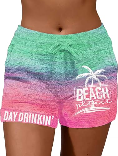 LANMERTREE Shorts femininos de verão, praia, casual, com cordão, para corrida, treino, lounge, com bolsos, Verde, rosa, P