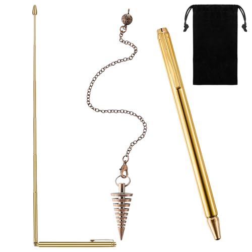 Jadive 3 Pieces Divining Rods Copper and Dowsing Pendulum for Ghost Hunting, Energy Healing, Divining Water Includes 2 Retractable Divining Rods with Copper Handle and 1 Pendulum Pendant(Gold)