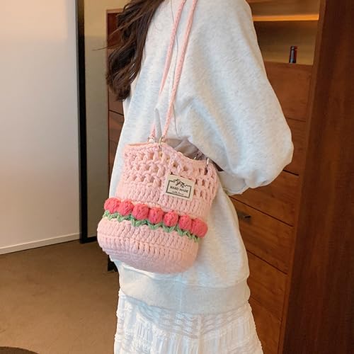 Hand Crochet Drawstring Bag, Knitted Shoulder Handbags, Handwoven Crochet Tote Bag for Women2