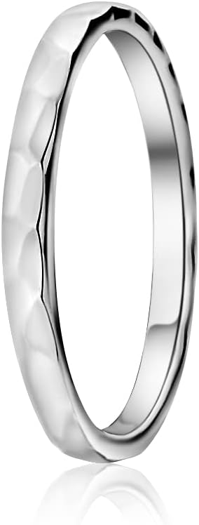 Hoops & Loops 925 Sterling Silver Thin Plain 2mm Hammered Stacking Ring | Skinny Comfort Fit Stackable Band Ring for Women