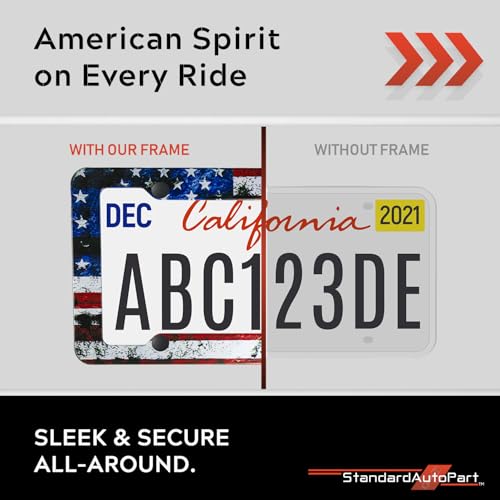 Image of StandardAutoPart American Flag License Plate Frames - Plastic USA Flag Car Tag Holder with Screws Caps and Patriotic Decals - Universal Fit (American Flag - 2 Pack)