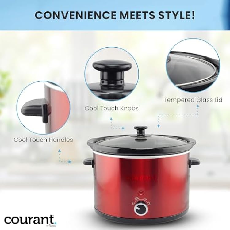 Courant 5.5 Quart Slow Cooker with Removable Ceramic Insert, Glass Lid With Three Temperature Settings Red