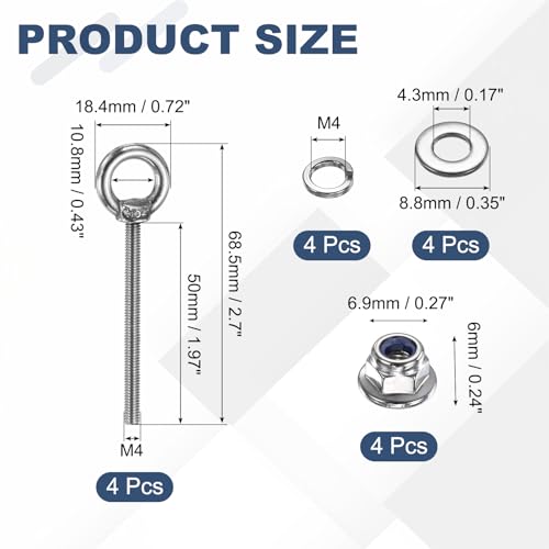 Image of PATIKIL M4 x 50mm Shoulder Eye Bolt, 4 Pcs 304 Stainless Steel Lifting Ring Threaded Eye Bolt with Flange Lock Nuts Spring and Flat Washers for Hanging Tie Down Straps Outdoor Indoor