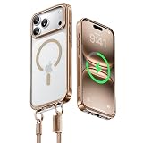 【業界初ストラップ構造・Magsafe対応】CASEKOO iPhone 17 Pro 用 ケース クリア 隠しバックル 最大25W急速充電対応 超 耐衝撃 高耐久性 透明 黄変防止 スマホ ストラップ ハンドストラップ付属 落下紛失防止 両手解放 いphone17pro用ケース 6.3インチ「LINKOO」(ゴールド)