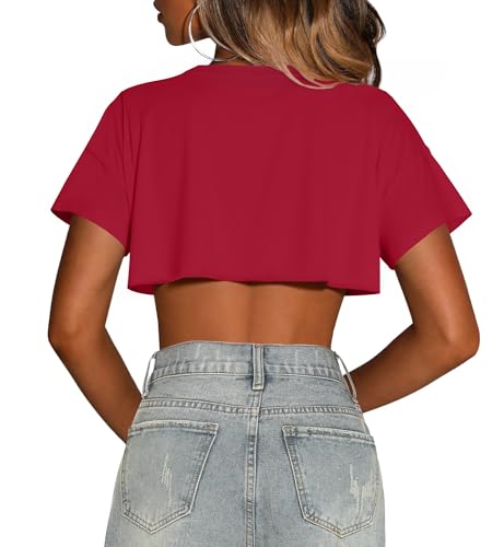 Image of Crop Tops for Women Oversized Short Sleeve T Shirts Crew Neck Cropped Tees