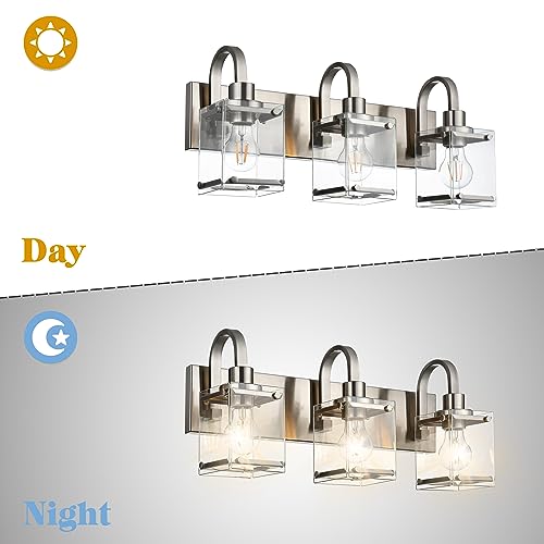 Image of 3-Light Bathroom Vanity Light Fixtures, Modern Vanity Lights with Clear Glass Shade Wall Light Brushed Nickel Wall Sconce Lighting for Living Room, Bedroom Kitchen Farmhouse