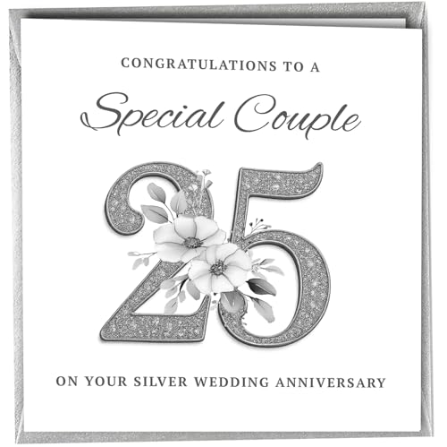 25th Wedding Silver Anniversary Card Unique Design To a Special Couple Congratulations Blank Inside| Milestone Marriage | Metalic Silver Envelope 400gsm Thick Card #1873