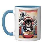 Kawaii Gamer Cat Ramen Retro Japanese Anime Aesthetic Ceramic Mug, Blue/White