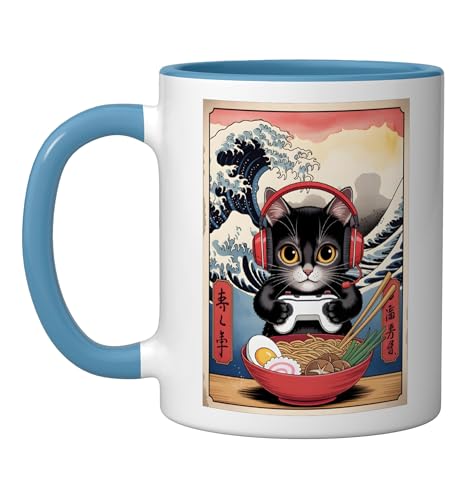 Kawaii Gamer Cat Ramen Retro Japanese Anime Aesthetic Ceramic Mug, Blue/White