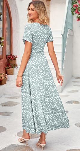Image of WNEEDU Women's Summer Maxi Dress Short Sleeves Wrap V Neck Long Dresses with Pockets