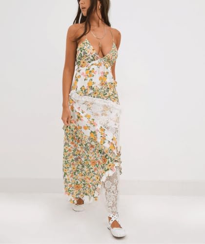 Image of SOOKABEILA Women Y2k Boho Maxi Dress Floral Lace Sheer Tiered Flowy Cami Long Dress 2025 Summer Smocked Beach Sundress