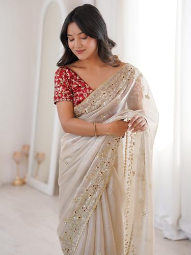 Image of AKHILAM Women's Shimmer Off White Georgette Sequence Embroidery Saree With Unstitched Blouse Piece