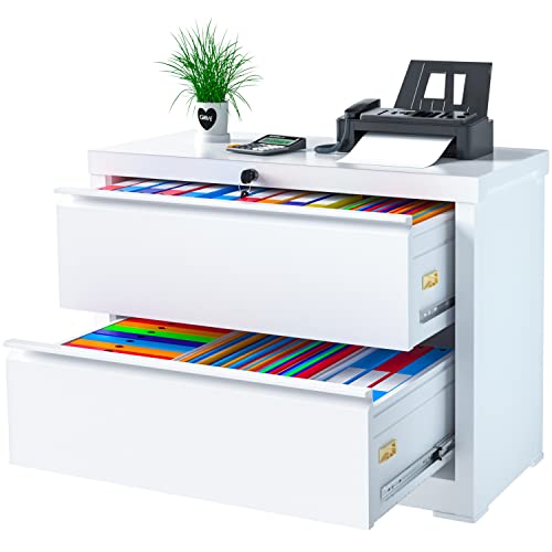 Greenvelly 2 Drawer Lateral File Cabinet White Lateral Filing Cabinet With Lock, Adjustable Hanging Bars, Locking Metal Lockable Home Office Drawer Cabinet With 2 Keys For Legal And Letter Size #TOP4