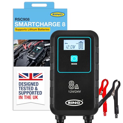 Ring Automotive RSC908-8A - Cargador de batería inteligente para coche, 12 V y 24 V, cargador de 9 etapas para baterías AGM, ocio, litio, HGV, coche y furgoneta, color negro