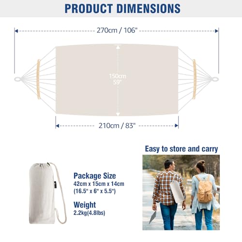 ANYOO Outdoor Cotton Hammock with Tree Straps, Portable Camping Hammock with Spreader Bars, Travel Bag for Indoor Balcony Garden Patio Yard - Image 2