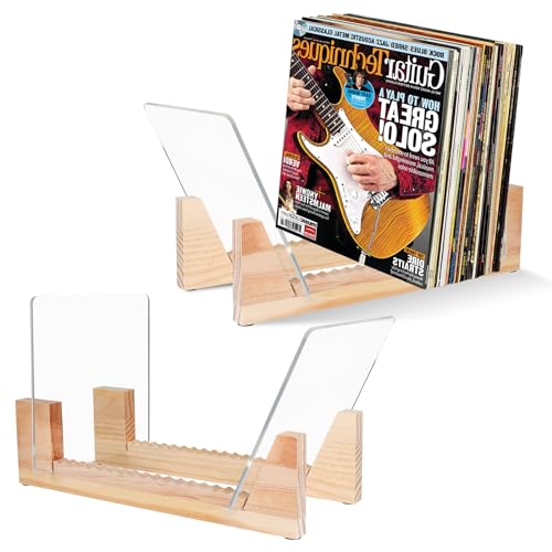 Akamino 2 Pack Wood Vinyl Record Storage Holder, Clear Acrylic Organizer Display Shelf Unit Stand with Solid Wood Base for Desktop Album Storage LP CD, DVD Up to 50