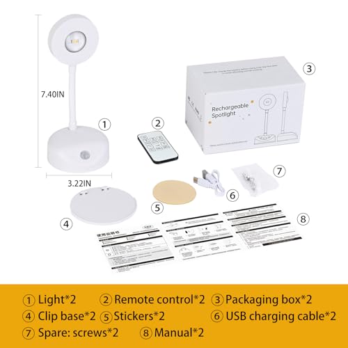 Image of XPESUVC Motion Sensor Wall Light Rechargeable LED Spotlight Flexible Rotate Bedside Reading Lamps with 3 Color Temperature for Picture, Mirror, Hallway (White, 2 Pack(with Remote Control))
