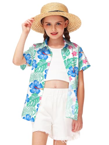 Image of Remimi Unisex Kids 4th of July Button Up Shirt Boys American Flag Print Hawaiian Beach Short Sleeve Tops 5-14 Years