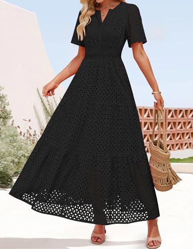 Image of ZESICA Women's 2026 Summer Short Sleeve Maxi Dress Casual V Neck Hollow Out Eyelet Ruffle Swing A Line Long Dresses
