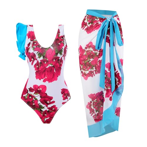 Women One-Piece Swimsuit with Cover up Wrap Skirt Sarong Bathing ...