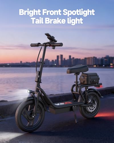 Image of KEQ Electric Scooter Adults with Seat, 48V 22.5AH Foldable Escooter 14 inch Tires 500W Motor 22MPH 35Miles Long Range and Disc Brake 350lbs Max Load Dual Shock Suspension Wide Deck Rear Box