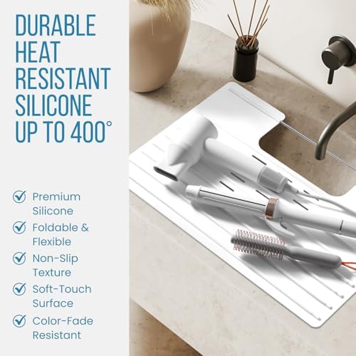 Maplefield Bathroom Sink Cover & Silicone Makeup Mat - White, 22" x 15" x 2" Inches - Heat Resistant to 400°F - Foldable Roll-Up Design with Raised Ridges - Space-Saving Countertop Mat — view 7