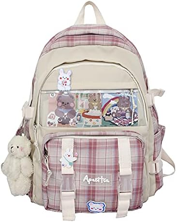 LYEAA Kawaii Rucksack for Girls Student, Cute Aesthetic Travel Backpack, Japanese Harajukue Canvas School Bag with Kawaii Pin and Accessories Laptop Bookbags