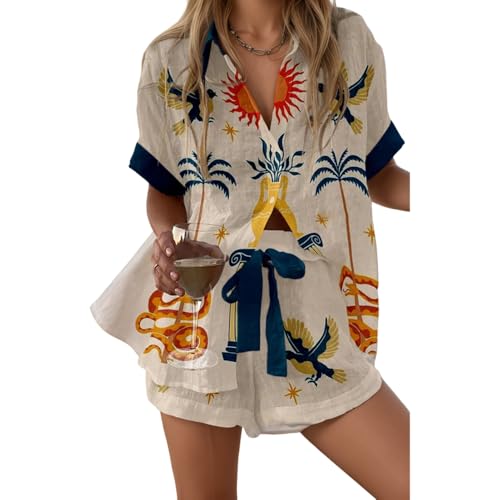 Akivide Women's Summer Graffiti Graphic Beachwear 2 Piece Set Hawaiian Short Sleeve Button Down Shirt and Casual Shorts