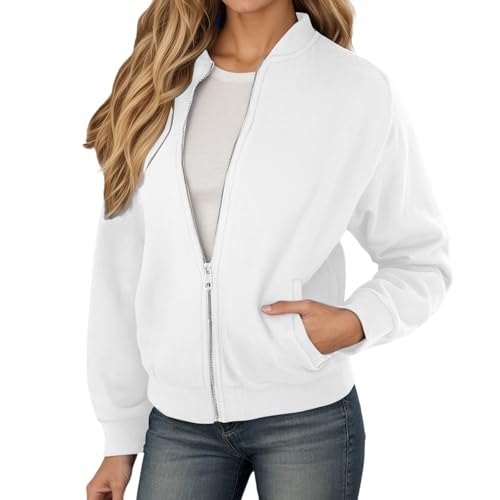 Generisch Chaqueta de mujer de color liso con cremallera Abrigo deportivo informal de moda para uso diario con prácticos bolsillos, Blanco, XL