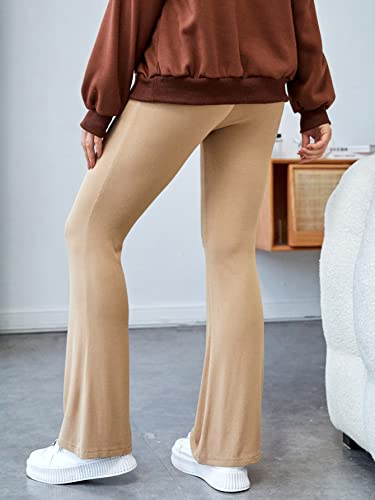 Makemechic Women's Maternity Pants Over The Belly Ribbed Knit Drawstring Pregnancy Flare Pants Khaki M #TOP1