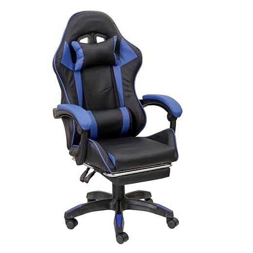 Baroni Home Silla Gaming con respaldo ergonómico inclinable y altura ajustable, silla de oficina con soporte lumbar, reposacabezas acolchado y reposapiés extraíble, azul, 58 x 66 x 114-124 cm