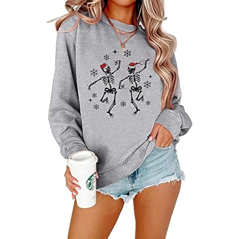 Women's Christmas Sweatshirts Dancing Skeleton Shirts Horror Skull Graphic Long Sleeve Crewneck Pullover, Heather Grey, Large Cover