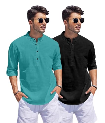 Image of Men's Cotton Blend Straight Kurta Shirt Combo with Mandarin Collar - Slim Fit Casual Short Kurti Set Featuring Textured Slub Fabric and Roll-Up Full Sleeves