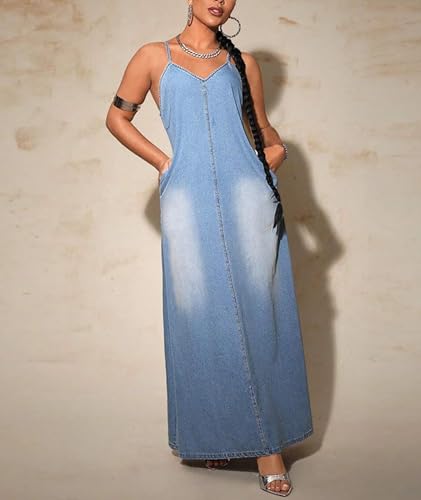 Image of Sexyshine Women's Sleeveless Adjustable Strap Maxi Denim Dress V Neck Washed Blue Plus Size Cami Long Jean Dress Pockets