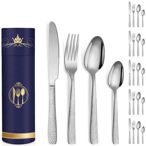 Set di posate da 24 pezzi, posate in acciaio inossidabile martellato, posate, posate per casa/ufficio/feste/campeggio, coltello, forchetta, cucchiaio, utensili da cucina, servizio per 6,Silver