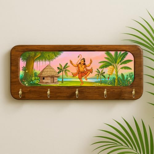 Image of Stylish Wooden Key Holder for Wall | Cute Key Holder for Home Decor | Key Holder Stand with 5 Hooks | Wall Mounted Key Hanger| (Hanuman Ji)