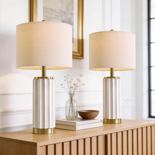 Image of USumkky 25.75 inch Off-White Ceramic Table Lamp Set of 2, Mid Century Modern Bedside Nightstand Lamps for Bedroom Living Room, Linen Shade & Gold Metal Base, Rotary Switch E26 (Bulbs Excluded)