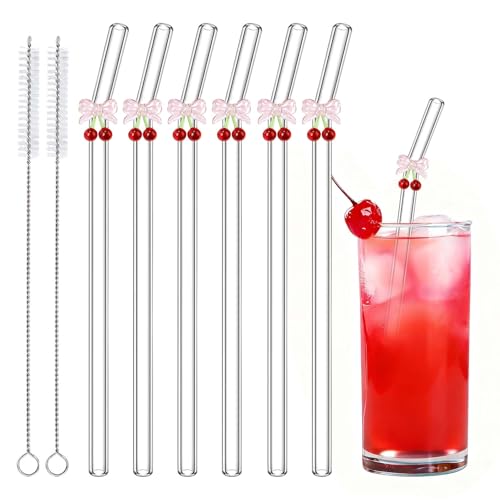 Cherry and Bow Glass Straws, Reusable Cute Straws for Girl Women Summer Fruit Cherry Theme Bridal Wedding Decor Bachelorette Party Supplies