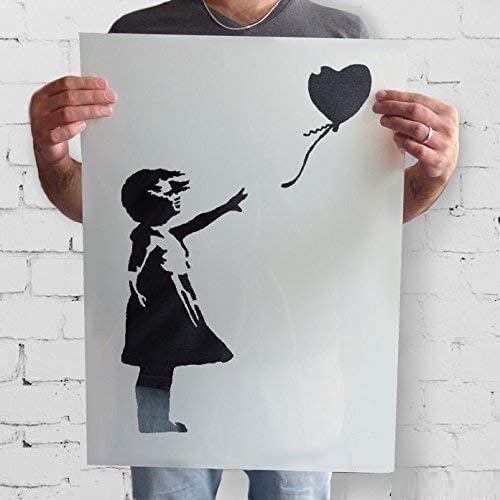 fille au ballon de Banksy Pochoir Réutilisable Décoration murale pochoir Graffiti BANKSY STYLE ART POCHOIR PEINTURE murs Fabrics & MEUBLE - semi transparent pochoir, S/ 17X25CM Cover